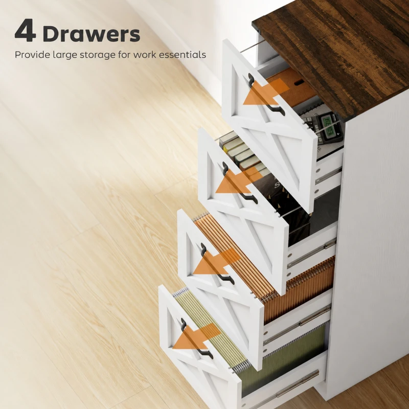 HOMCOM Vertical Storage Drawers Farmhouse X Pattern Printer Stand Fits Letter Files 4 Drawers White