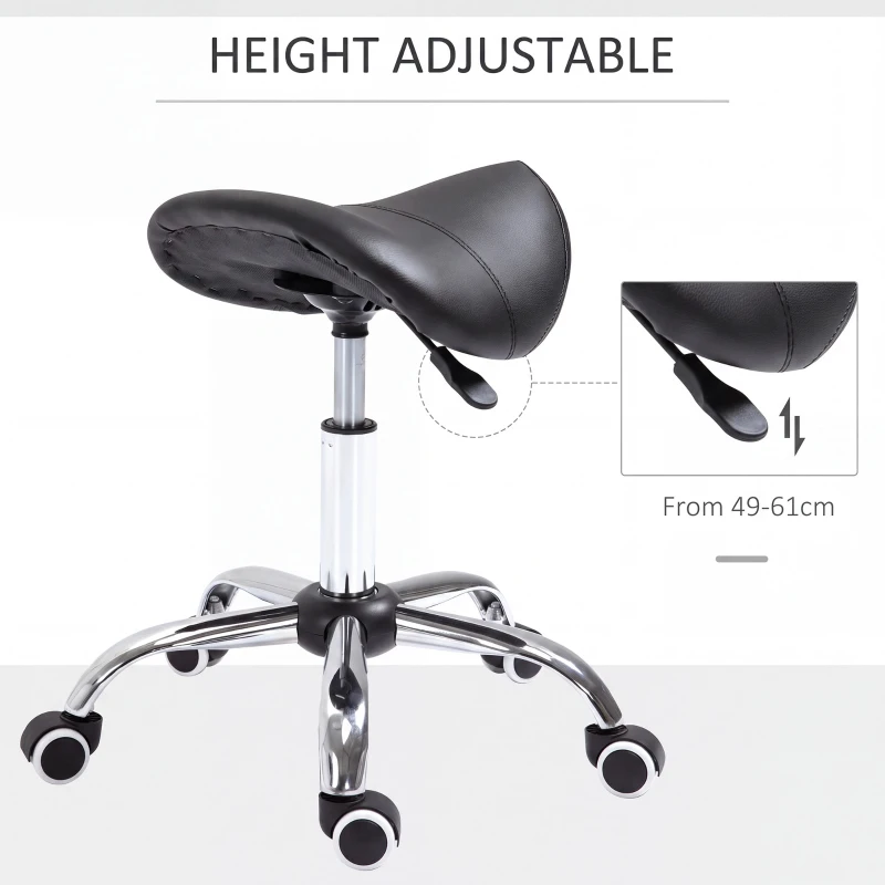 HOMCOM Adjustable Hydraulic Rolling Salon Stool Swivel Saddle Chair Spa Beauty Seat PU Leather,  Black