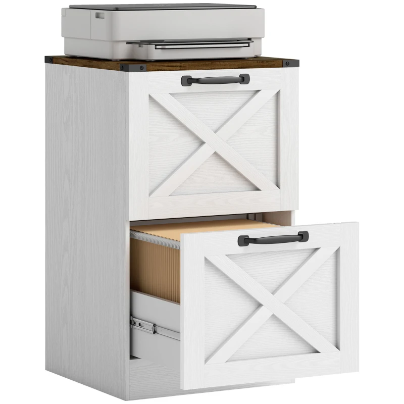 HOMCOM Vertical Storage Drawers Farmhouse X Pattern Printer Stand Fits Letter Files 2 Drawers White