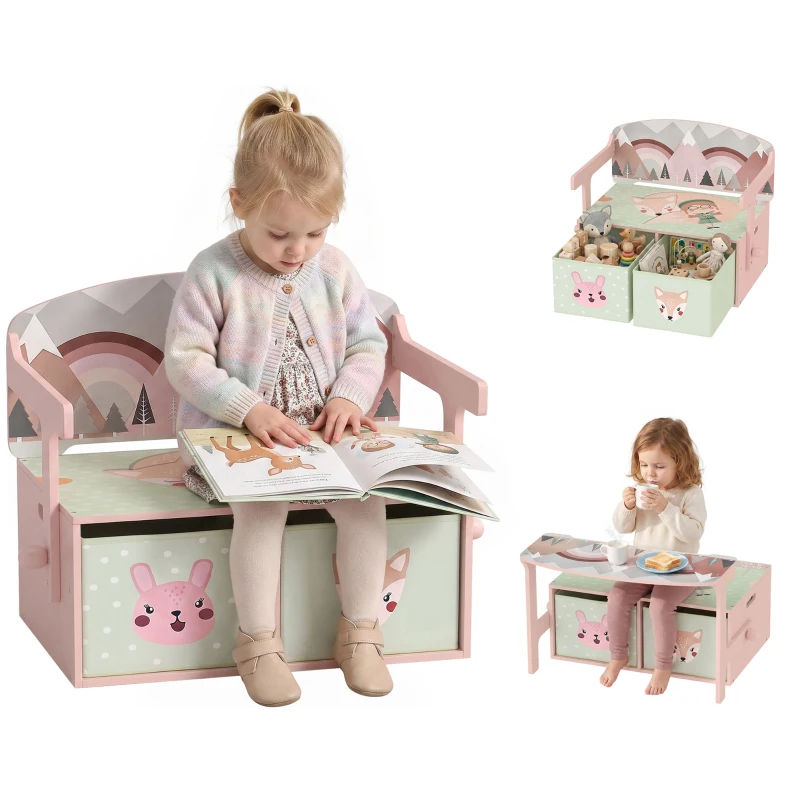 Qaba Kids Toy Box Chest, 3-in-1 Convertible Wooden Toy Storage Bench w/  2 Non-Woven Drawers, for Bedroom, Playroom, Pink