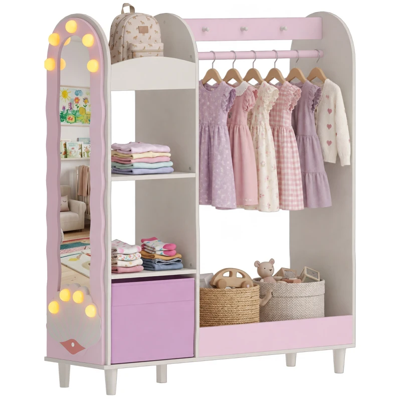 Qaba Kids Clothing Rack, Kids Wardrobe with Glowing Lights Mirror, Non-Woven Drawer and Shelves for Bedroom, Ages 3-8, Pink