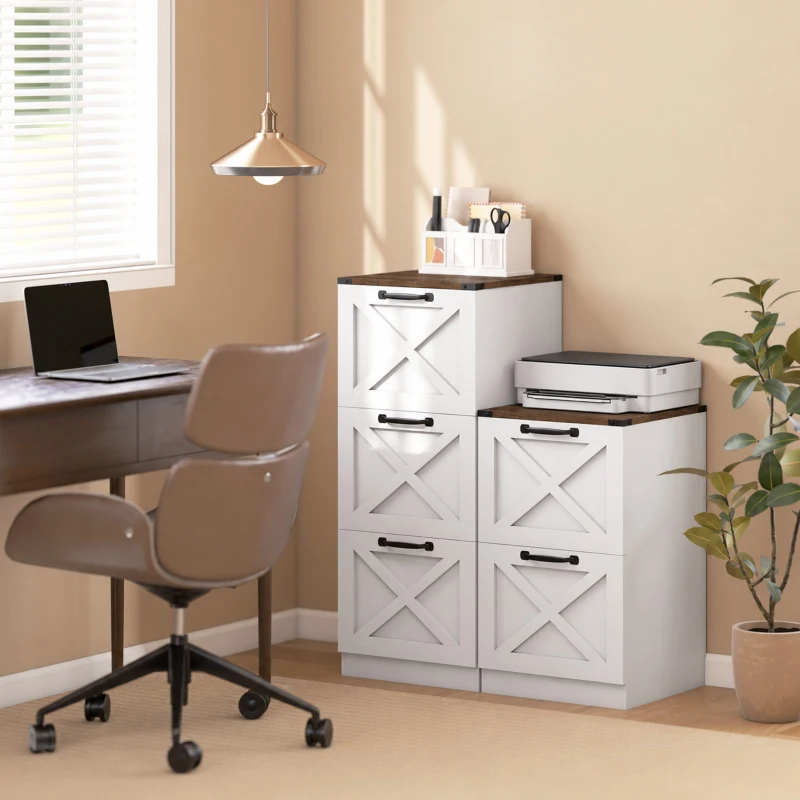 HOMCOM Vertical Storage Drawers Farmhouse X Pattern Printer Stand Fits Letter Files 2 Drawers White