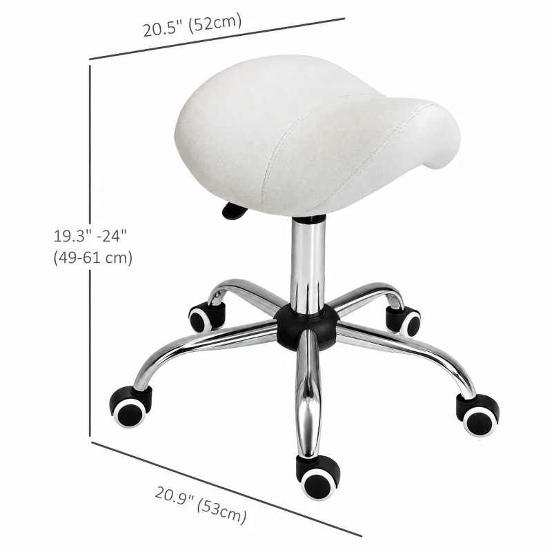 HOMCOM Ergonomic Saddle Stool with Wheels, Adjustable PU Leather Saddle Chair, 360° Swivel, No Back Pain, Cream White