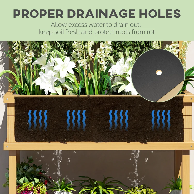 Outsunny Elevated Wood Raised Bed with Trellis for Climbing Vines, Raised Garden Bed with Legs and Drainage Holes, Natural Wood