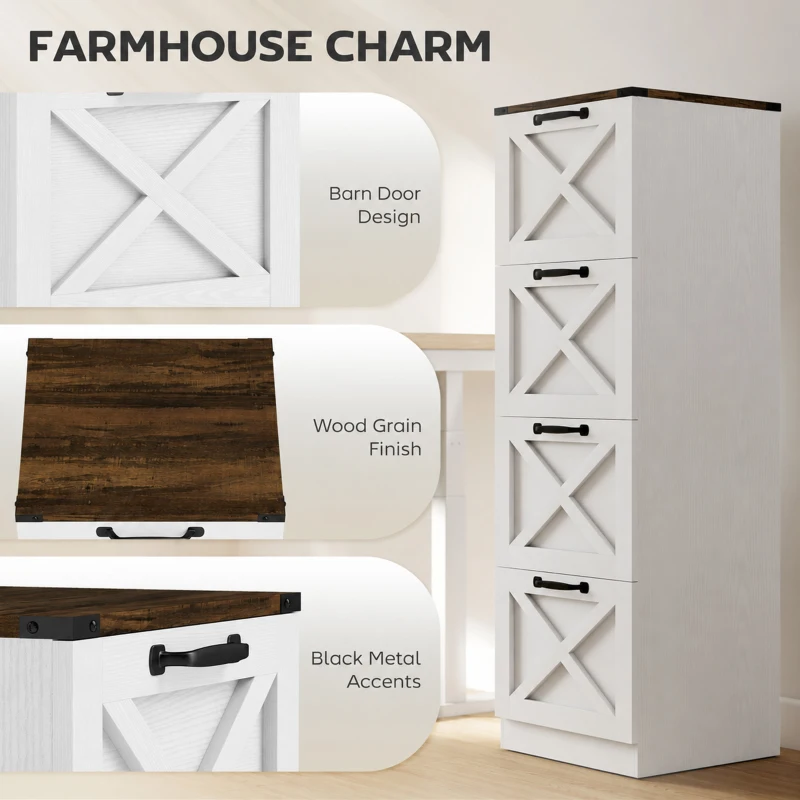 HOMCOM Vertical Storage Drawers Farmhouse X Pattern Printer Stand Fits Letter Files 4 Drawers White