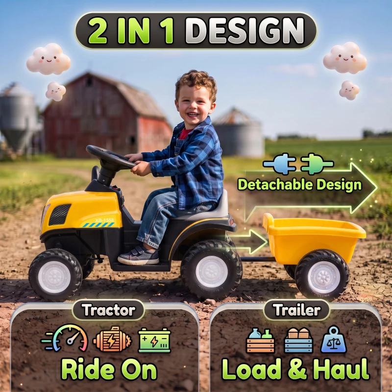 Qaba 2 in 1 Kids Ride On Tractor, 6V Electric Vehicle with Detachable Trailer, Music, Horn, Lights for Ages 1-3 Years, Yellow