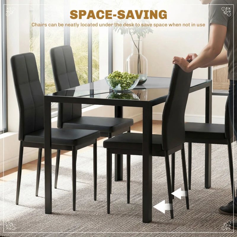 HOMCOM 5-Piece Rectangular Glass Kitchen Table and Chairs with Metal Frame and Faux Leather Upholstery for Dining Room, Black