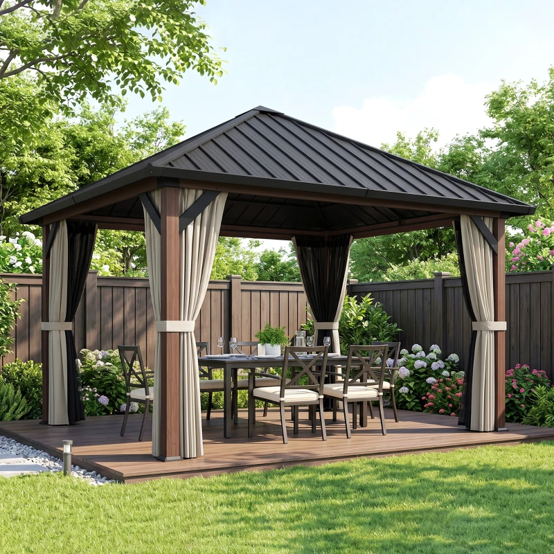Outsunny 10' x 10' Hardtop Gazebo with Galvanized Steel Roof, Permanent Garden Gazebo with Netting and Curtains