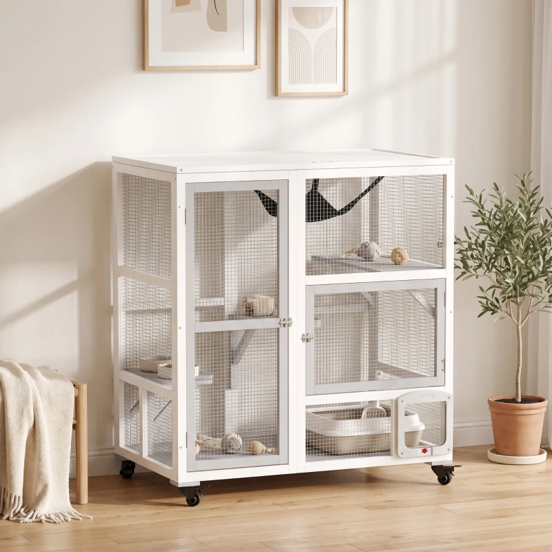 PawHut Cat House, Indoor Cat Enclosure on Wheels with Openable Top, 39", White