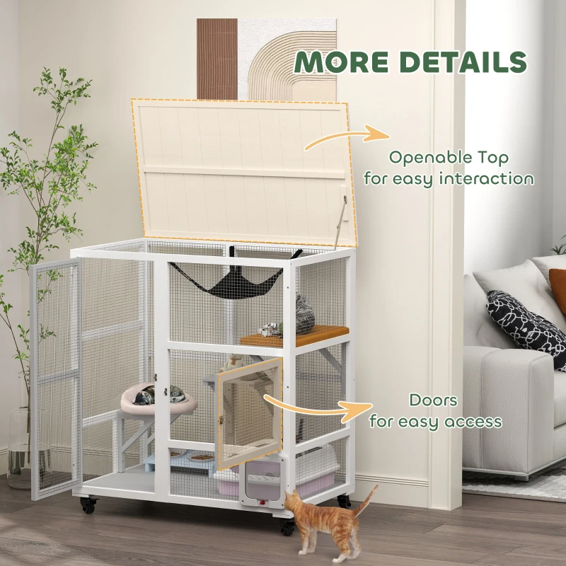 PawHut Cat House, Indoor Cat Enclosure on Wheels with Openable Top, 39", White
