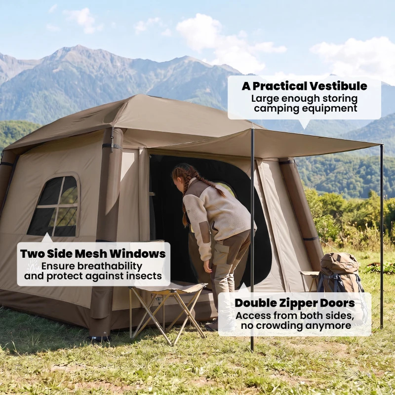 Outsunny Inflatable Camping Tent, 1-2 Person Glamping Tent with Hand Pump, Blow Up Tent with Doors, Carry Bag, Khaki and Brown