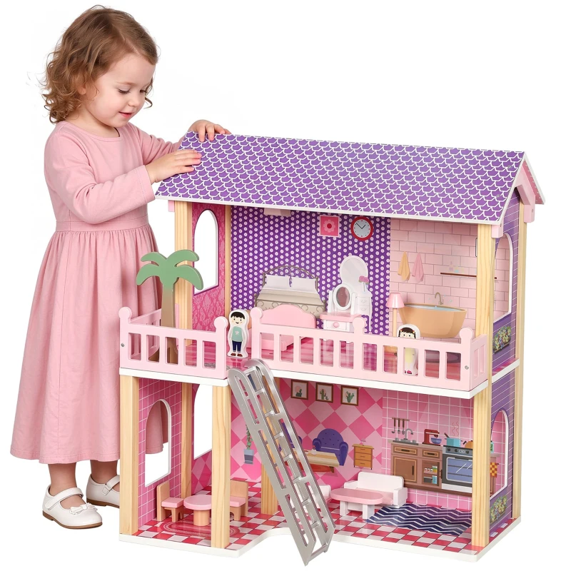Qaba Wooden Doll House for Girls with 5 Rooms, Dolls, Furniture, DIY Pretend Dollhouse Playset, Gift for Kids Ages 3-6, Pink