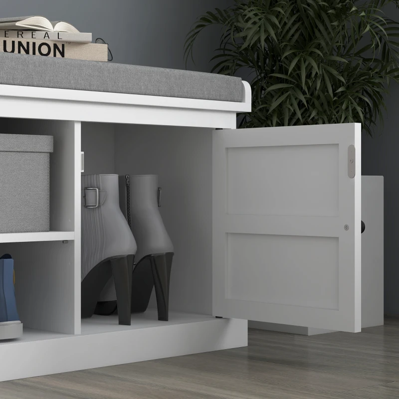 HOMCOM Shoe Storage Bench with Cushioned Seat, Entryway Bench Seat with 2 Cabinets and Adjustable Shelf for Hallway, White