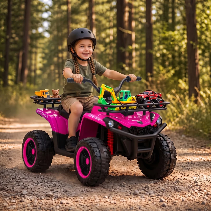 Qaba 12V Kids ATV, Electric Ride On Quad with Dual Motors, Soft Start, Battery Display, Music, Lights for 3-8 Years, Pink