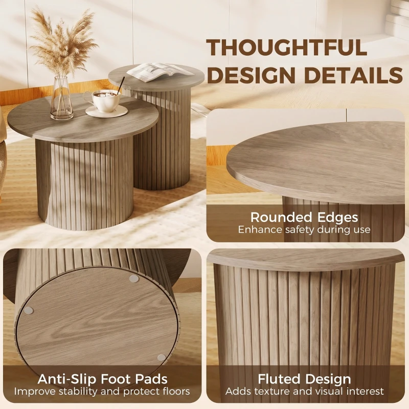 HOMCOM Round Nesting Coffee Table Set of 2, Fluted Mid Century Modern Circle Side Tables, Weathered Coffee Wood Grain