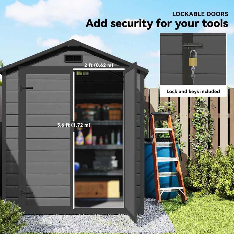 Outsunny 6x4.5FT Plastic Shed, Lockable Garden Tool Storage House with Double Doors and Vent, Grey