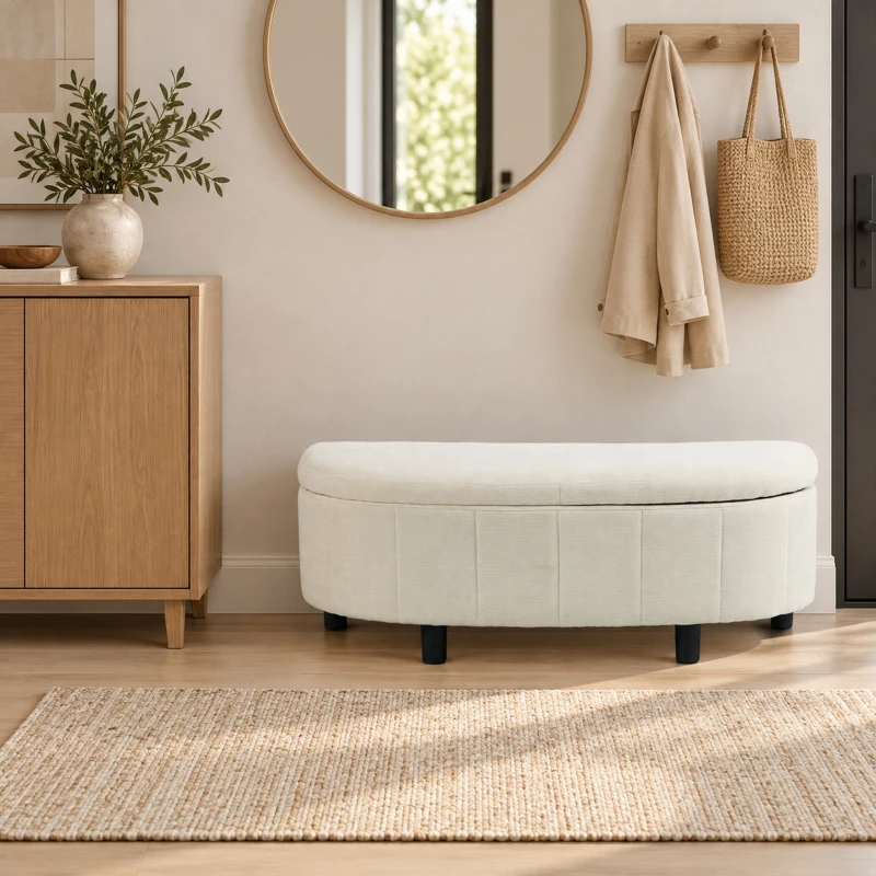 HOMCOM Chenille Fabric Semi-Round Ottoman with Hydraulic Lift-Top Storage, 484 lbs Capacity, Footstool, Cream White