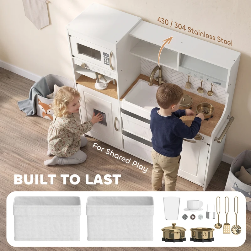 Qaba Play Kitchen, Kids Kitchen Playset with Coffee Machine, Ice Maker, Microwave, Oven, Storage, Gift for Toddlers 3+, White