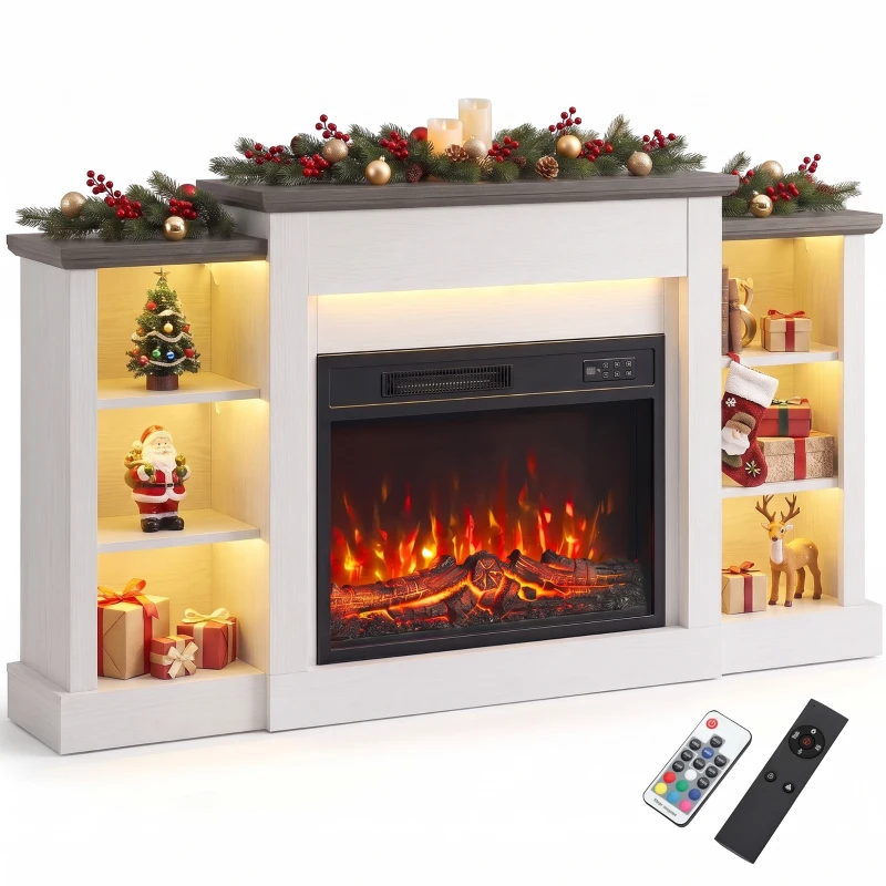 HOMCOM 55" Fireplace TV Stand for TVs up to 65", Entertainment Center TV Console, RGB LED Strips, 6 Shelves, White Wood Grain