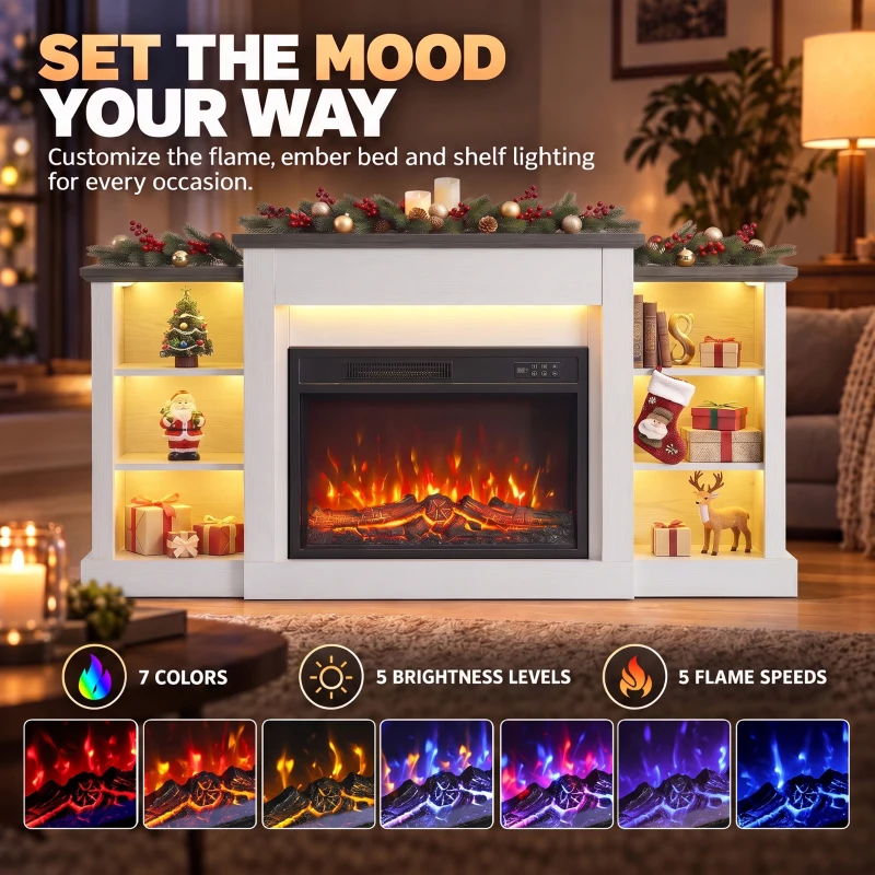 HOMCOM 55" Fireplace TV Stand for TVs up to 65", Entertainment Center TV Console, RGB LED Strips, 6 Shelves, White Wood Grain