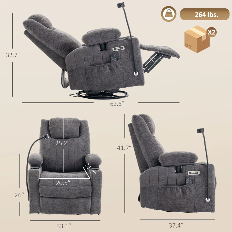 HOMCOM Swivel Rocker Power Recliner Chair with Massage Heat 2D Armrests Adjustable Headrest Phone Holder USB Port, Dark Gray