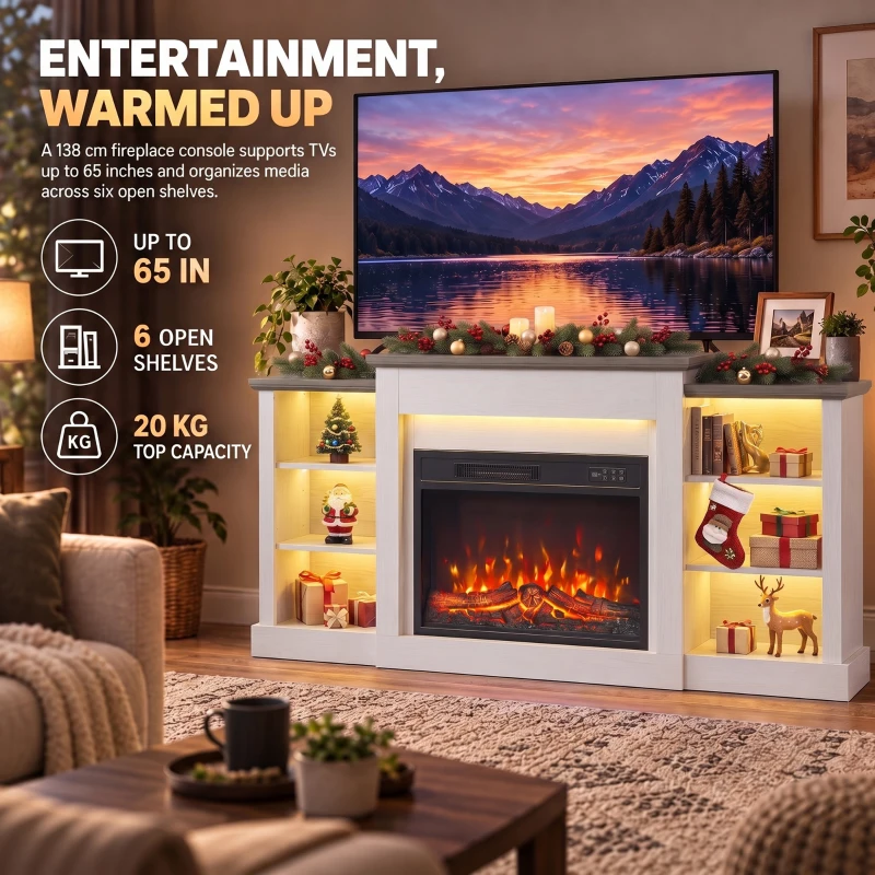 HOMCOM 55" Fireplace TV Stand for TVs up to 65", Entertainment Center TV Console, RGB LED Strips, 6 Shelves, White Wood Grain