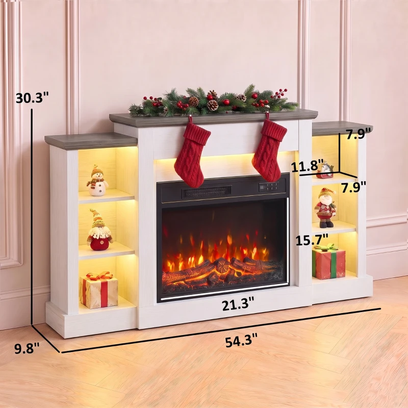 HOMCOM 55" Fireplace TV Stand for TVs up to 65", Entertainment Center TV Console, RGB LED Strips, 6 Shelves, White Wood Grain