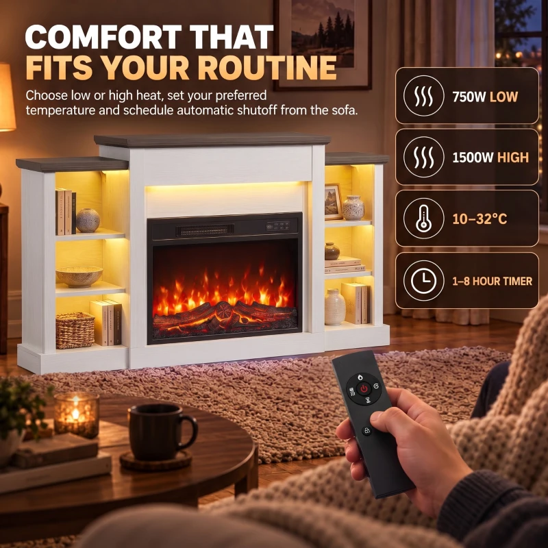 HOMCOM 55" Fireplace TV Stand for TVs up to 65", Entertainment Center TV Console, RGB LED Strips, 6 Shelves, White Wood Grain