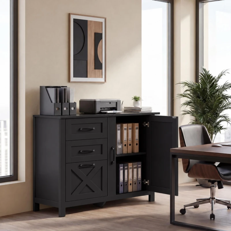 HOMCOM Filing Cabinet with 3 Drawers Printer Stand Adjustable Shelf Door Cabinet Black