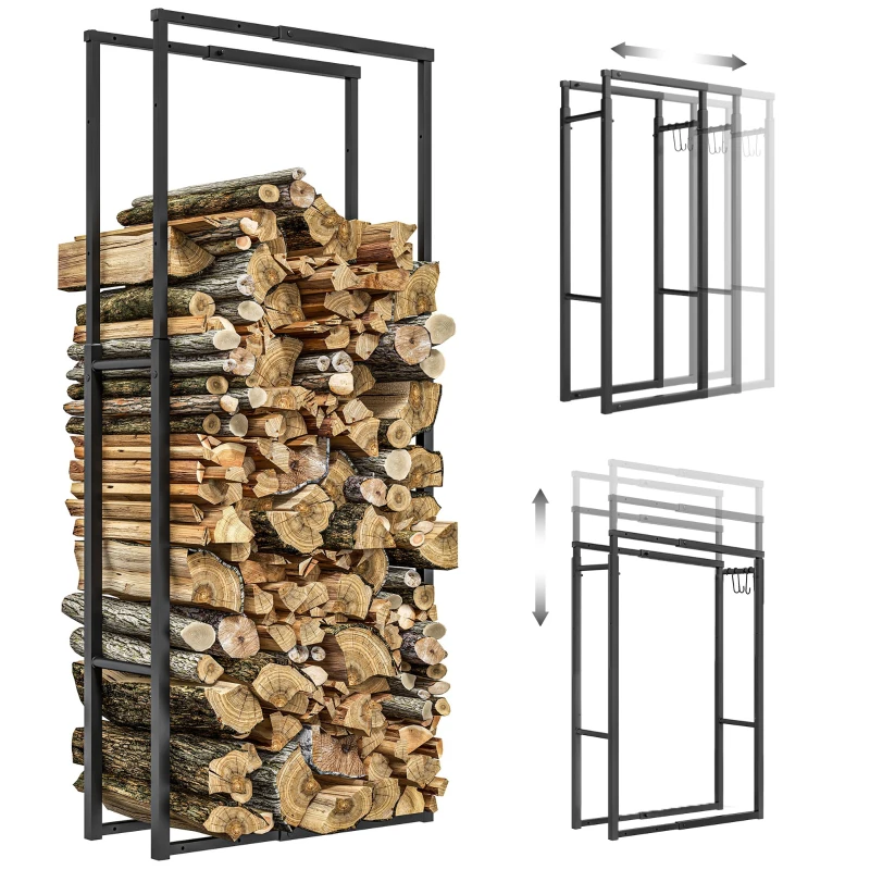 Outsunny Adjustable Firewood Log Rack Heavy-Duty Steel Log Holder for Outdoor Indoor Use, 25.6" x 9.8" x 59.1", Black