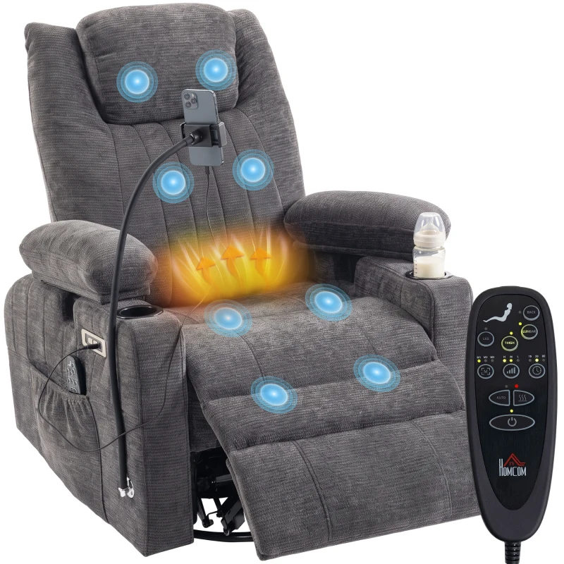 HOMCOM Swivel Rocker Power Recliner Chair with Massage Heat 2D Armrests Adjustable Headrest Phone Holder USB Port, Dark Gray