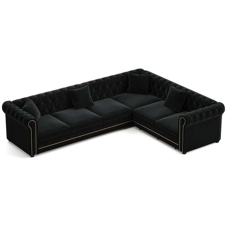 Elegant L-Shaped Sectional with Pull-Out Bed, Soft Velvet Sleeper Sofa with Tufting and Gold Trim, 115.5'' L x 87.5" W x 29" H, Black