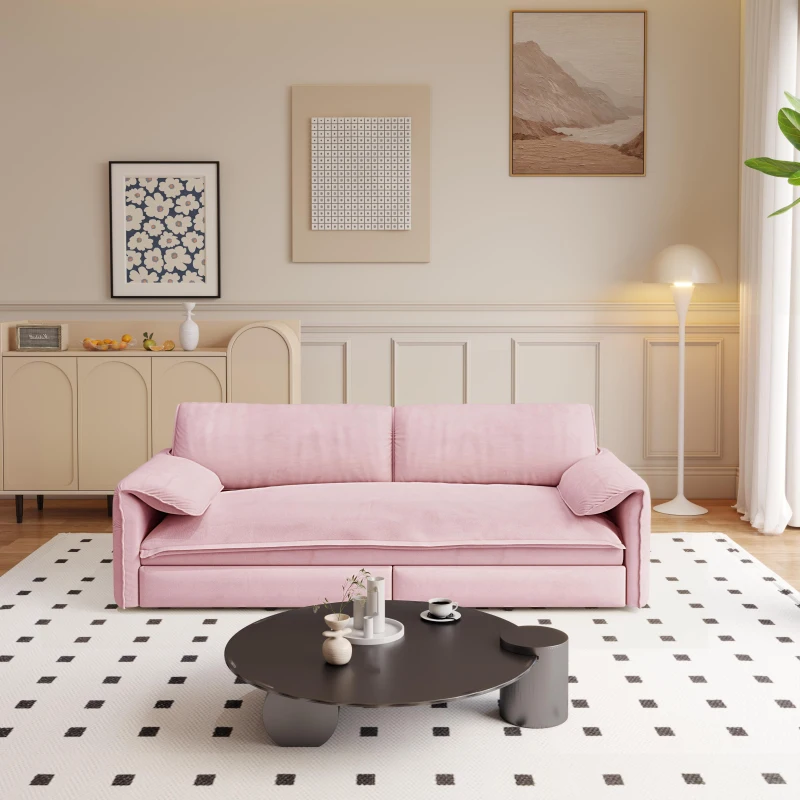 Modern 3-in-1 Convertible Sofa with Side Storage and Metal Legs, Chic Velvet Loveseat Bed with Rolling Wheels, 66'' L x 33.5" W x 36" H, Pink