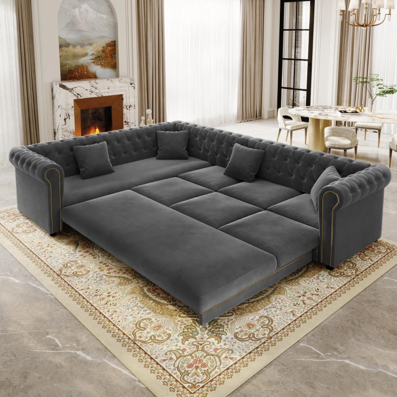 Elegant L-Shaped Sectional with Pull-Out Bed, Soft Velvet Sleeper Sofa with Tufting and Gold Trim, 115.5'' L x 87.5" W x 29" H, Dark Gray