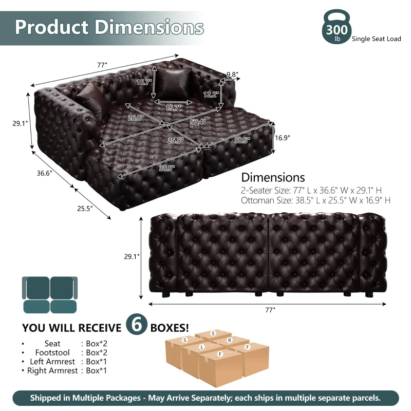 Modern Faux Leather Modular Sofa with Button Tufting and 2 Ottomans, Elegant Sectional Couch for Living Room, 77'' L x 36.5" W x 29" H, Dark Brown