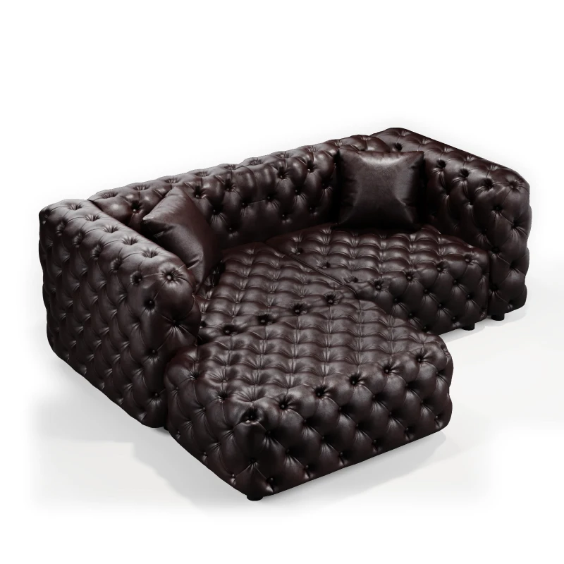 Modern Faux Leather Modular Sofa with Button Tufting and Ottoman, Elegant Sectional Couch for Living Room, 77'' L x 36.5" W x 29" H, Dark Brown