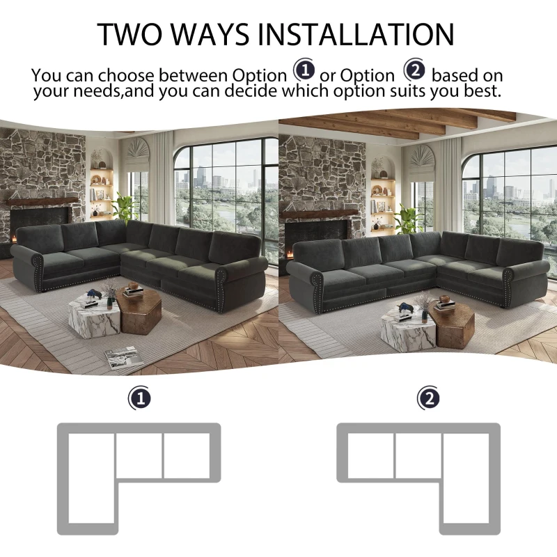 Modern L-Shaped Sectional with Pull-Out Bed, Chic Sleeper Couch with Nailhead Trim and Rolled Arms, 118'' L x 86.5" W x 36.5" H, Dark Grey