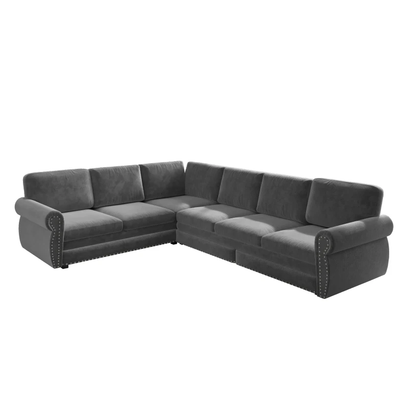 Elegant L-Shaped Sectional with Pull-Out Bed, Chic Chenille Sleeper Couch with Nailhead Trim, 118'' L x 86.5" W x 36.5" H, Light Grey