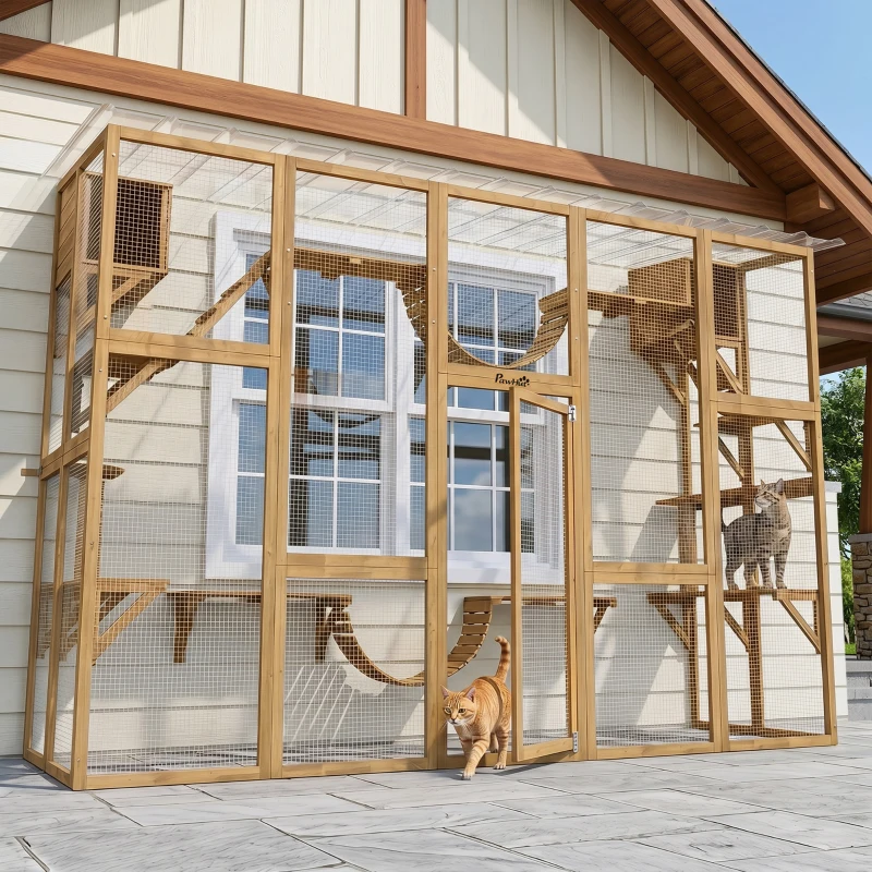 PawHut Catio Playground Cat Window Box Outside Enclosure for Multiple Cats w/ Shelves & Bridges, Yellow