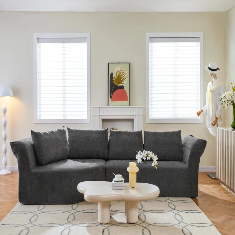 Modern Modular Sectional with Left Arm and Wide Armrests, Elegant Curved Corner Sofa with Throw Pillows, 127'' L x 57" W x 26" H, Dark Gray