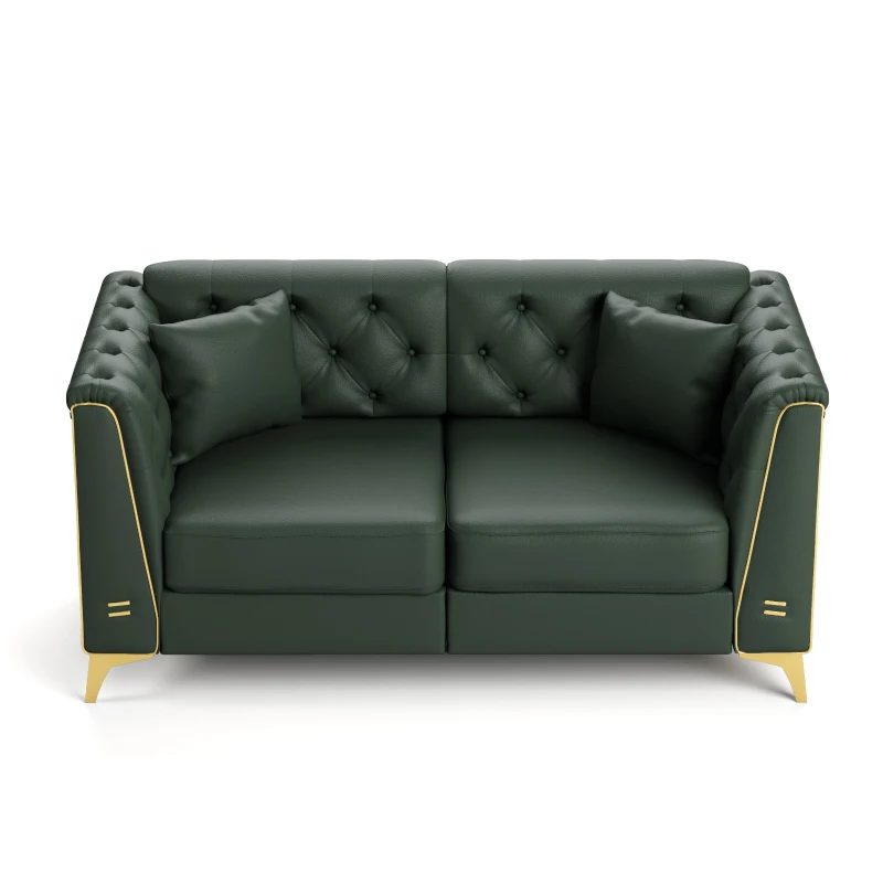 Elegant Chesterfield Sofa with Button Tufting, Chic Faux Leather Couch with Tapered Legs and 2 Pillows, 61.5'' L x 30.5" W x 30.5" H, Green