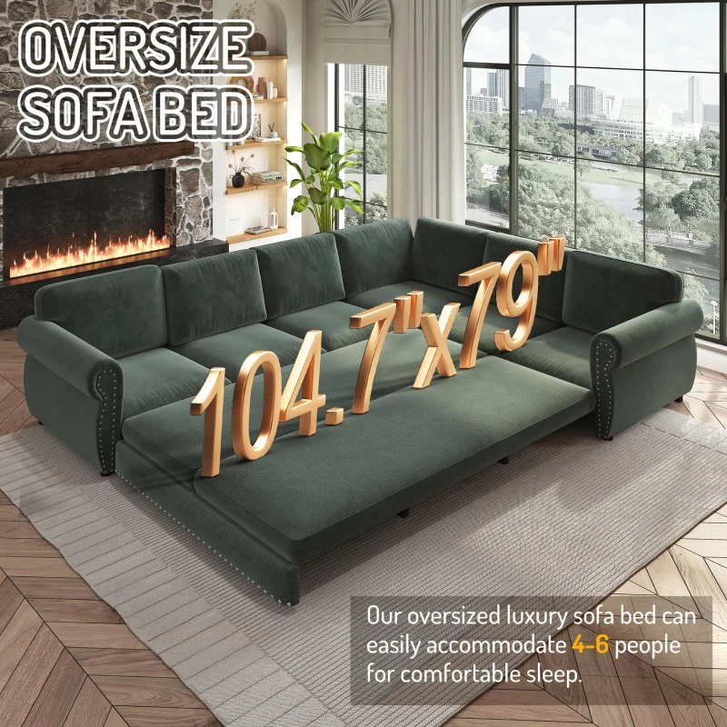 Chic L-Shaped Sectional with Pull-Out Bed and Nailhead Trim, Versatile Chenille Sleeper Sofa for Living Room, 118'' L x 86.5" W x 36.5" H, Green