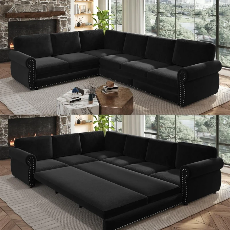 Modern L-Shaped Sectional with Pull-Out Bed, Chic Sleeper Couch with Nailhead Trim and Rolled Arms, 118'' L x 86.5" W x 36.5" H, Black