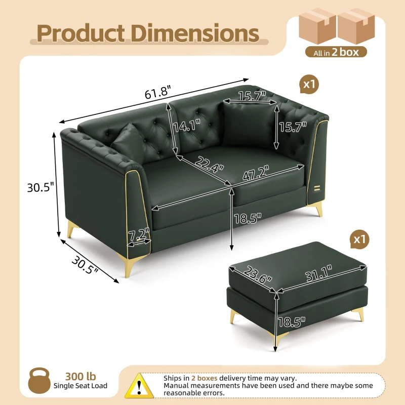 Elegant Chesterfield Sofa with Button Tufting and Metal Trim, Chic Faux Leather Ottoman with 2 Pillows, 61.5'' L x 30.5" W x 30.5" H, Green