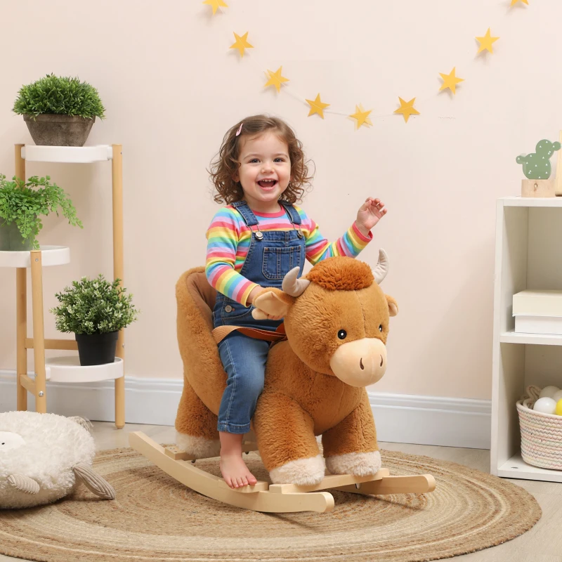 Qaba Baby Rocking Horse with Cute Cow Stuffed Plush, Music, Safety Belt, Wooden Rocking Horse for 1-3 Years, Brown