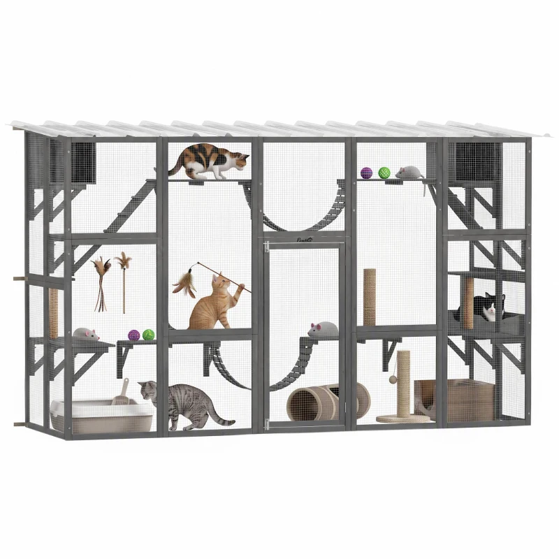 PawHut Large Outdoor Catio with Condos, Platforms, Doors, Ladders, Weather-Resistant Roof, Grey