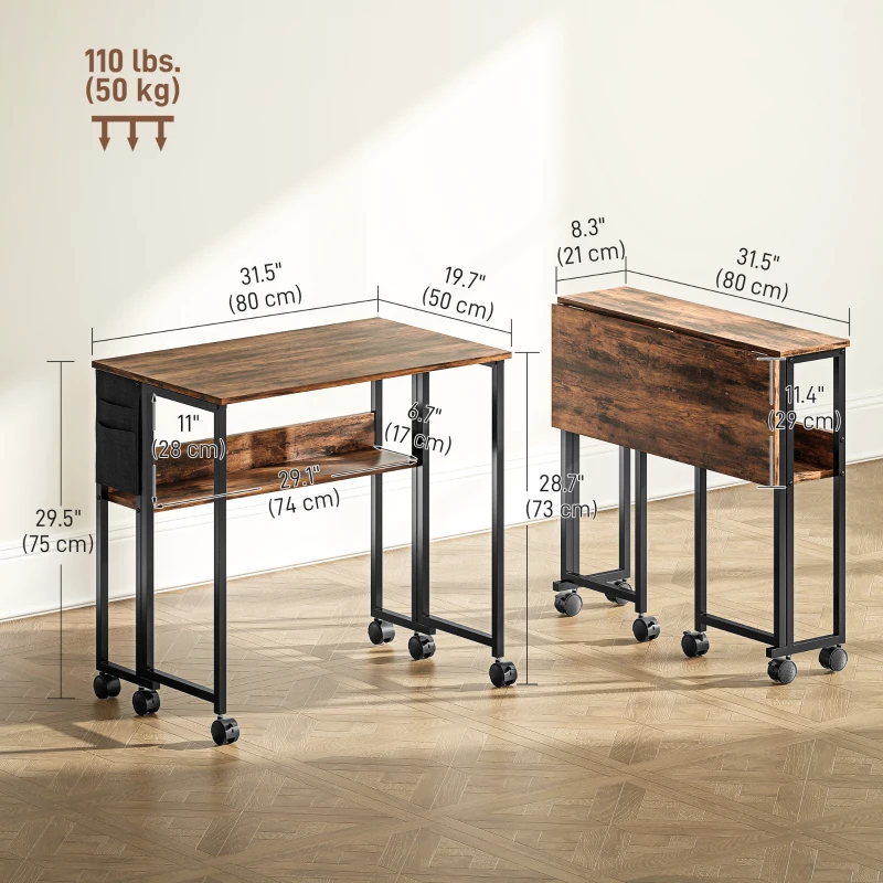 HOMCOM Folding Computer Desk, Foldable Desk with Storage Bag, Shelf and Wheels for Small Spaces, Home Office, Rustic Brown