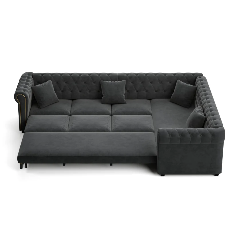 Elegant L-Shaped Sectional with Pull-Out Bed, Soft Velvet Sleeper Sofa with Tufting and Gold Trim, 115.5'' L x 87.5" W x 29" H, Dark Gray