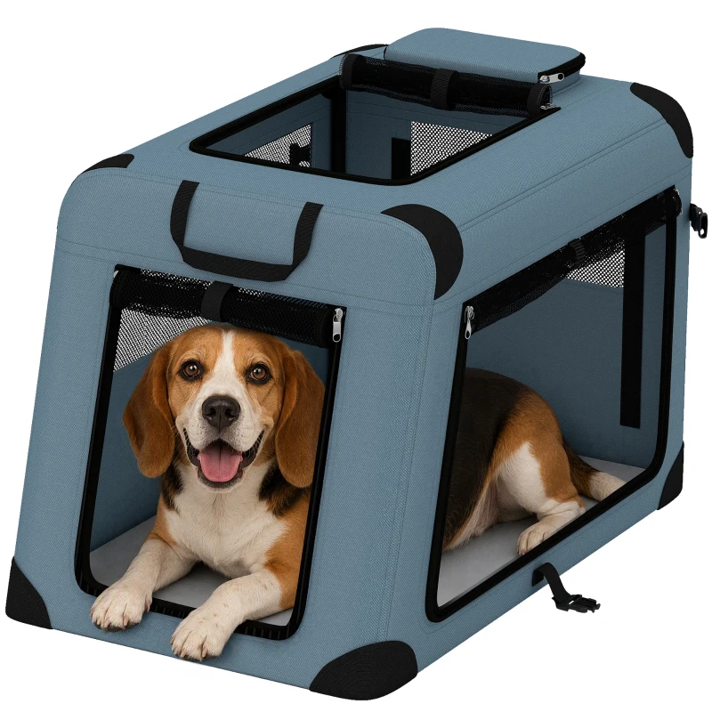 PawHut Pet Carrier for Small Medium Cats Dogs Up to 44 LBS Collapsible Pets Travel Carriers with Removable Mat Mesh Doors Blue