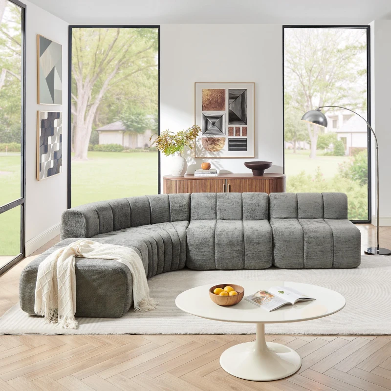 Cozy Semi-Curved Sectional with Stitched Chenille and Ottoman, Chic Floor Sofa with No Assembly, 116.5'' L x 76" W x 25.5" H, Dark Gray